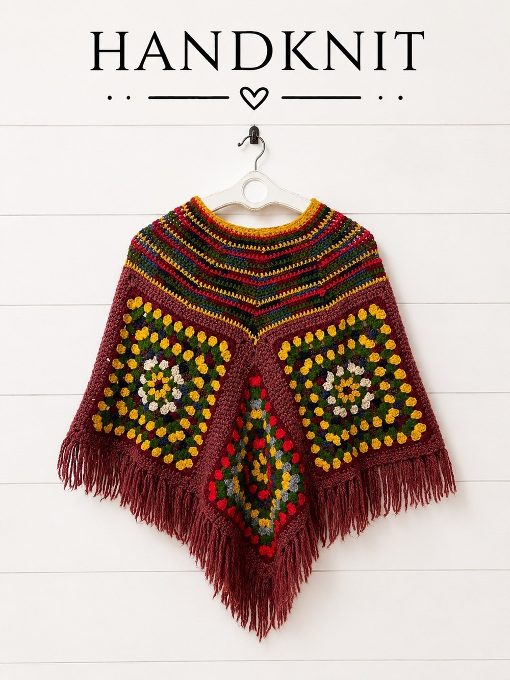 Handmade Granny Square Crochet Poncho – Kids One Size